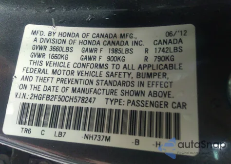 2012 Honda Civic Lx from USA, damaged, VIN 2HGFB2F50CH578247
